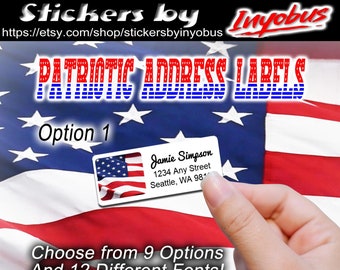 Patriotic Return Address Labels. Buy 2 get 1 FREE.  Minimalist USA mailing stickers feature US Flag, patriotic symbols.