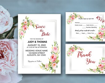 Pink Rose Wedding Invitation Combination. Download  Invitations, RSVP & Thank You Cards  Edit online until it's PERFECT before you buy.