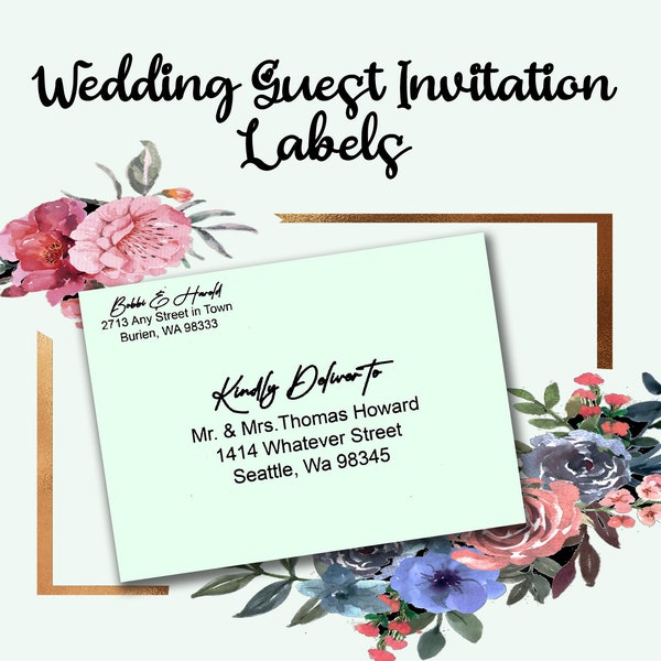 Wedding guest labels, shower invites, party invitations.  Gold calligraphy, silver, rose gold, mint or white options, on transparent labels.