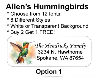 Allen’s Hummingbird Return Address Labels, Buy 2 Get One FREE!, Personalized Mailing Stickers, White or Transparent. Bird Lover.