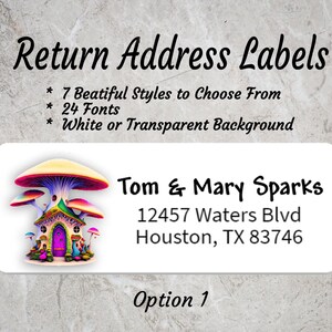 Return Address Labels, Cute Colorful Watercolor Mushrooms.  Buy 2 Get One FREE!, Personalized Mailing Stickers, White or Transparent.