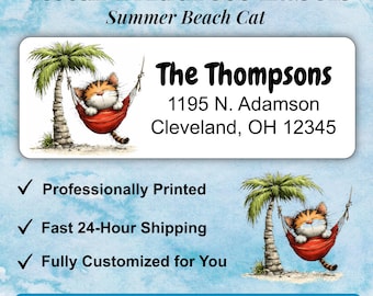 Summer Beach Cat Return Address Labels, Watercolor Cat Custom Mailing Stickers Floral
