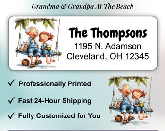 Return address label with grandma and grandpa at the beach, Cartoon gift for the  elderly.