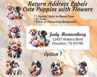 Return Address Labels  Cute Dogs and Flowers.  Buy 2 Get One Free! Puppy Mailing Stickers, white or clear. Personalized stickers for you!