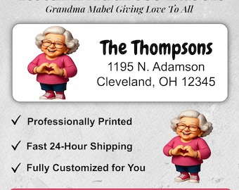 Grandmother Gifts Personalized Return Address Label Sticker Sheet Custom Grandma Mailing Envelope Heart Gesture Illustration Nana Present