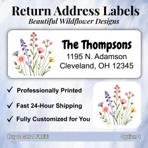 May include: White return address labels with floral designs. The labels feature the text "Return Address Labels" and "Beautiful Wildflower Designs." The address label includes the name "The Thompsons" and their address. A small floral design is in the corner.