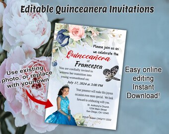 Editable Quinceañera Invitation Template, Mis quince anos Downloadable 15th Birthday Party Invite Template, Instant Download