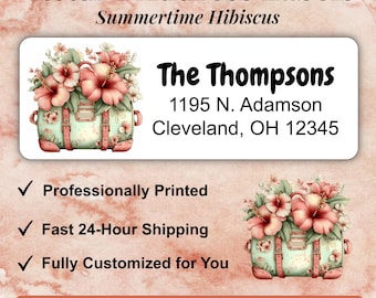 Hibiscus Address Labels, Watercolor Floral Custom Mailing Stickers