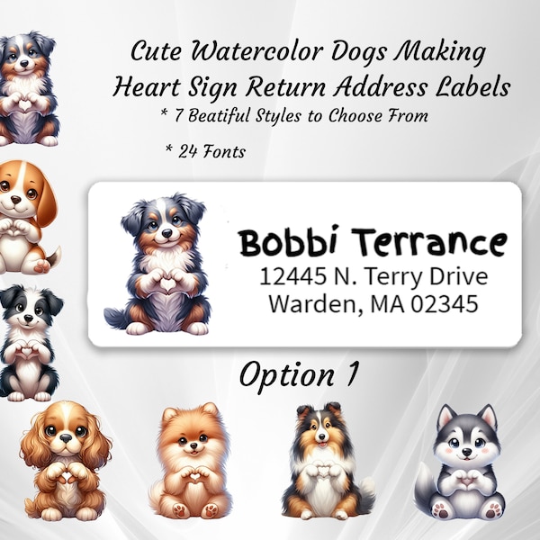 Return Address Labels  Cute Dogs Making Heart Signs, Buy 2 Get One Free! Mailing Stickers, white or clear Canine theme Envelope Stickers