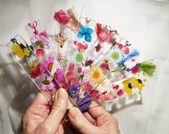 Resin Bookmarks, Dried, pressed flowers in clear resin. Unique handmade aesthetic book marks.  Kawaii designed marque page. Silk Tassels