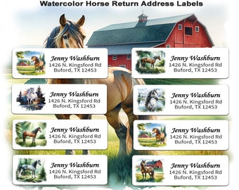 Return Address Labels Horses.  Buy 2 sheets get 1 FREE!  Personalized, Customized mailing stickers. 1" X 2 5/8" size, 30 labels per sheet.