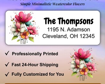 Watercolor Flower Return Address Labels.  Minimalist Simple Floral Envelope Stickers.