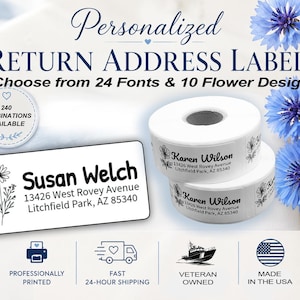 May include: Personalized return address labels featuring a black floral illustration and the name Susan Welch with a Litchfield Park, AZ address. The labels are shown as a single rectangular sticker and two stacked rolls with blue flowers nearby.