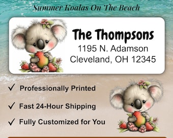 Koala Return Address Labels, Summer Beach Watercolor Stickers in Matte or Glossy