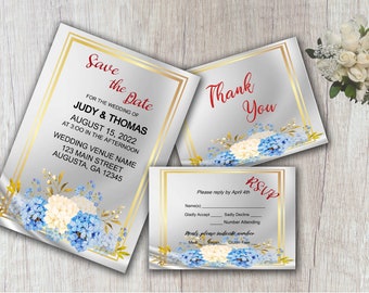 Gold frame Wedding Invitation, Edit online, instant download.  Edit online for FREE!  Great way to save money on Wedding Invitations.