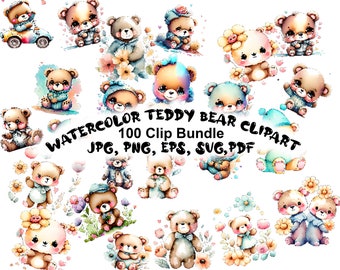 Watercolor Teddy Bear Clip Art Bundle - 300dpi, Multi-Format, Svg, Pdf, Eps, Jpg, Png. Commercial Use.  Bundle of 100 adorable images.