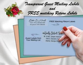 Wedding Guest Address Labels,  Gold or Silver foil options. Clear  2"X4" Guest labels 1"X 2.65" Return labels