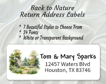 Return Address Labels  Watercolor Landscapes.  Buy 2 Get 1 Free. Mountains, cabins, trees, streams nature, tranquility.  White or clear.