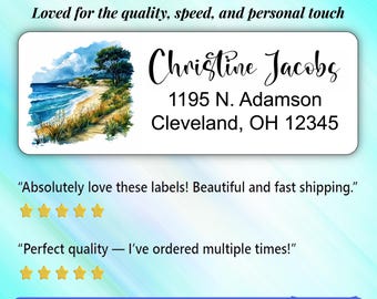 Customized Return Address Labels Featuring Watercolor Seascape with Trees and Ocean Scenes. Personalized stickers
