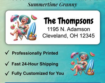 Return Address Labels, Comical Happy Granny In Summer, Personalized Mail Stickers