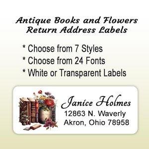 Aestethic Books & Flowers Return Address Labels  Buy 2 get 1 FREE! Antique Styling with Old Fashioned stacked books.  Ilbrary memorabelia