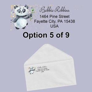 Peut inclure: Une enveloppe blanche avec un autocollant représentant un panda. L'autocollant montre un panda noir et blanc tenant une branche verte. Le texte sur l'autocollant est "Bobbie Robbins 1464 Pine Street Fayette City, PA 15438 USA".