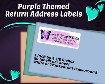 Purple Return Address Labels.  Buy 2 Get 1 FREE! White or Transparent Clear Background. 12 Fonts.