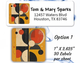 May include: Return address labels with an abstract design in orange, black, and cream. The labels include the name "Tom & Mary Sparks" and address information. The labels are 1" x 2.625" and have 30 labels per sheet.
