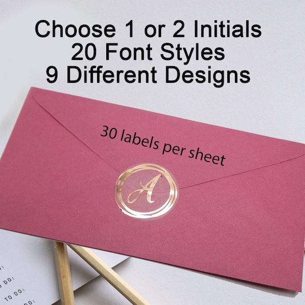 Envelope Seals for formal wedding invitations.  Use 1 or 2 initials.  Black or White or Foil in Gold, Rose Gold, Silver, Mint,