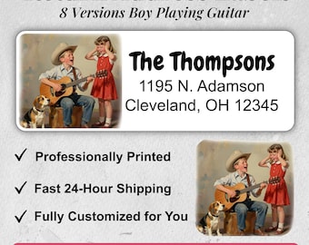 Personalized Return Address Labels with Boy,Guitar and Dog Artwork. Custom Mailing Sticker gifts for families, and country western fans
