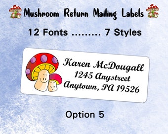 Mushroom return address Labels. Buy 2 Get 1 FREE,  Colorful envelope stickers.  Best Seller white or transparent.