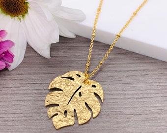 Gold plated textured tropical Monstera leaf Necklace