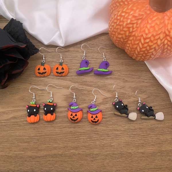 Clay Novelty Halloween Earrings, Witch Earrings, Pumpkin Earrings, Witches Hat Earrings, Black Cat Earrings, Halloween Jewellery.