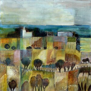 May include: Abstract painting depicting a landscape with a blue sky, green trees, and a field of yellow flowers. The painting is in a style reminiscent of impressionism.