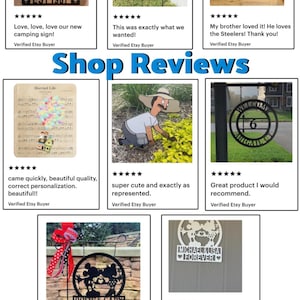 May include: A collection of eight customer reviews for custom metal signs, featuring various designs including camping scenes, sports logos, personalized names, and cartoon characters, displayed in a grid format with five-star ratings.