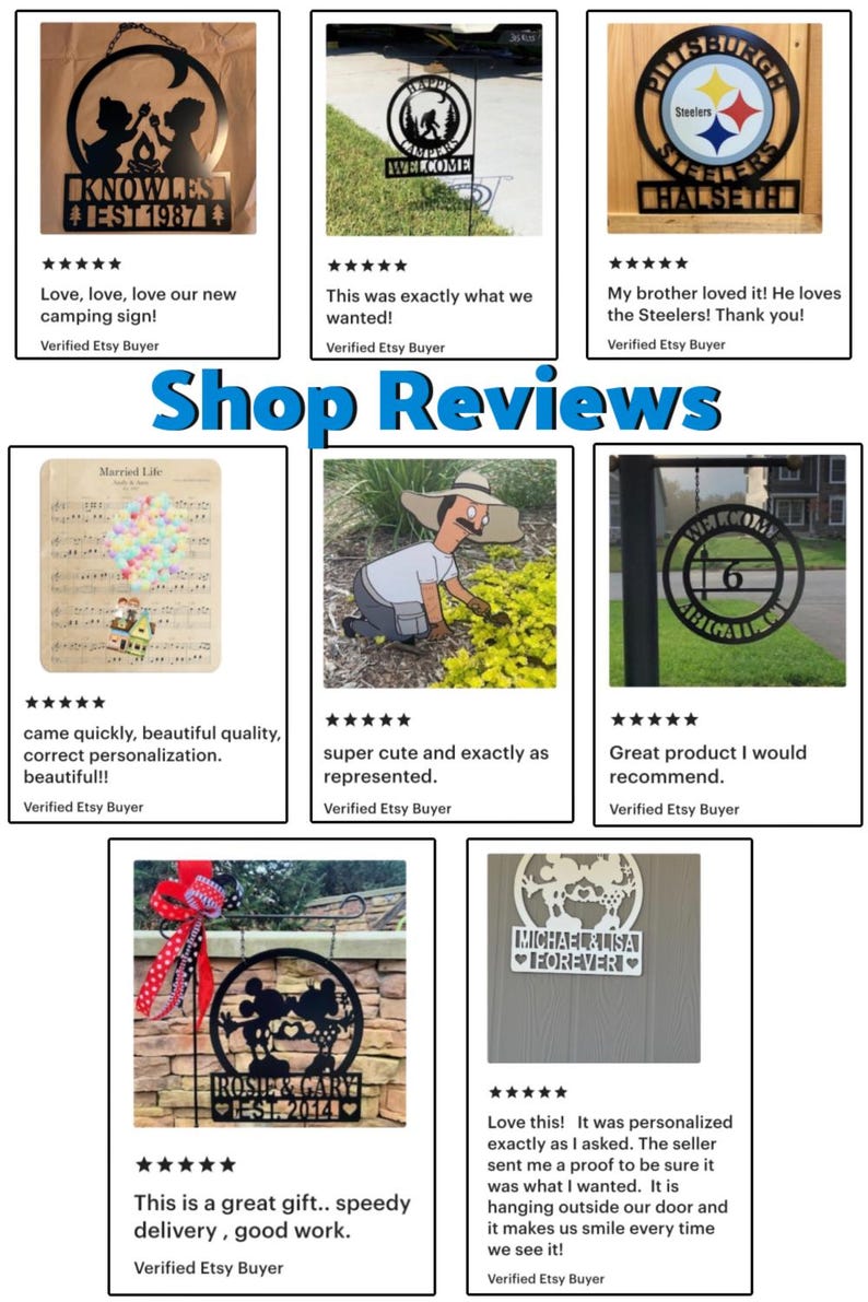 May include: A collection of eight customer reviews for custom metal signs, featuring various designs including camping scenes, sports logos, personalized names, and cartoon characters, displayed in a grid format with five-star ratings.