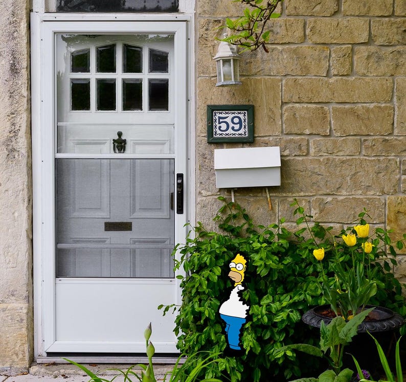 Garden Landscape Accent Homer Simpson Metal Yard Stake Cartoon Character Outdoor Display Weatherproof Lawn Ornament Sign Fan Collectible Gift Birthday Present UV Printed Fade Resistant Patio Addition Made In USA Durable Metal Construction