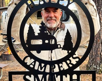 Camping Gifts Men Camper Decor Metal ACM Campground Sign Personalized Rv Decoration Outdoor Motorhome Family Nameplate Weatherproof Yard
