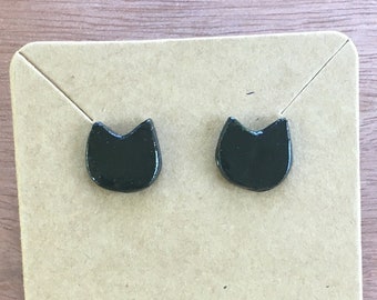 Black Kitty Cat Polymer Clay Stainless Steel Hypoallergenic Stud Earrings