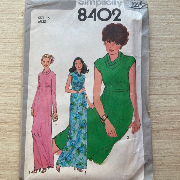 Simplicity 8402 Size 16 Misses Dress in Two Lengths Vintage Complete Printed Pattern 1977