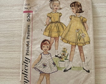 Simplicity 3893 Size 4 Childs' One Piece Dress, Pinafore, and Panties Vintage Complete Printed Pattern 1960's