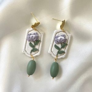 Floral Earrings- Polymer Clay- Handmade- Beads- Floral- Dangle- Cottage Core- Gold Plated Round Posts- Hypoallergeni- Lightweight- Purple
