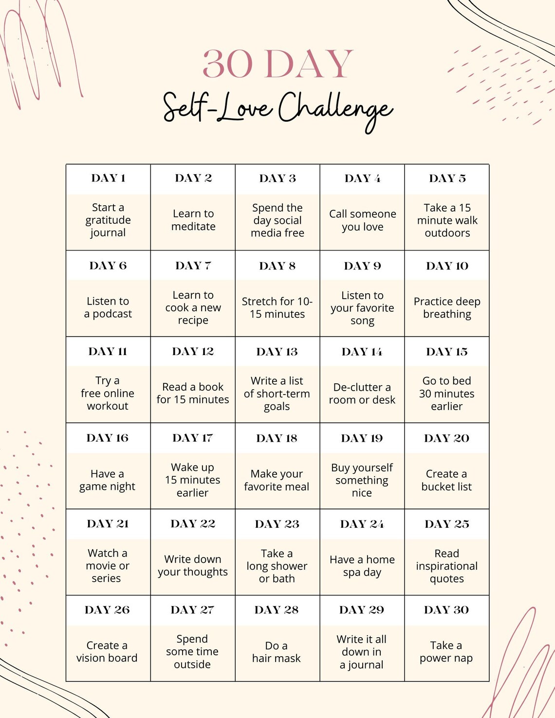 30 Day Self Love Challenge - Etsy