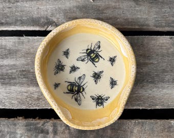 Handmade Bee Ceramic Spoon Rest with Yellow Rim