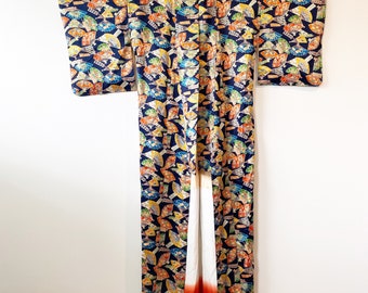 Vintage Houmongi navy silk Kimono