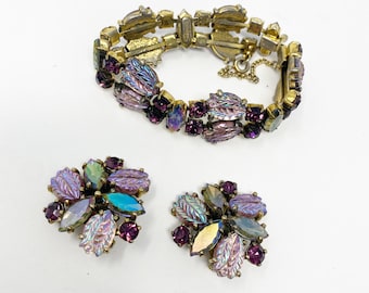 486 Vintage Schiaparelli purple iridescent bracelet and clip earrings jewelry set