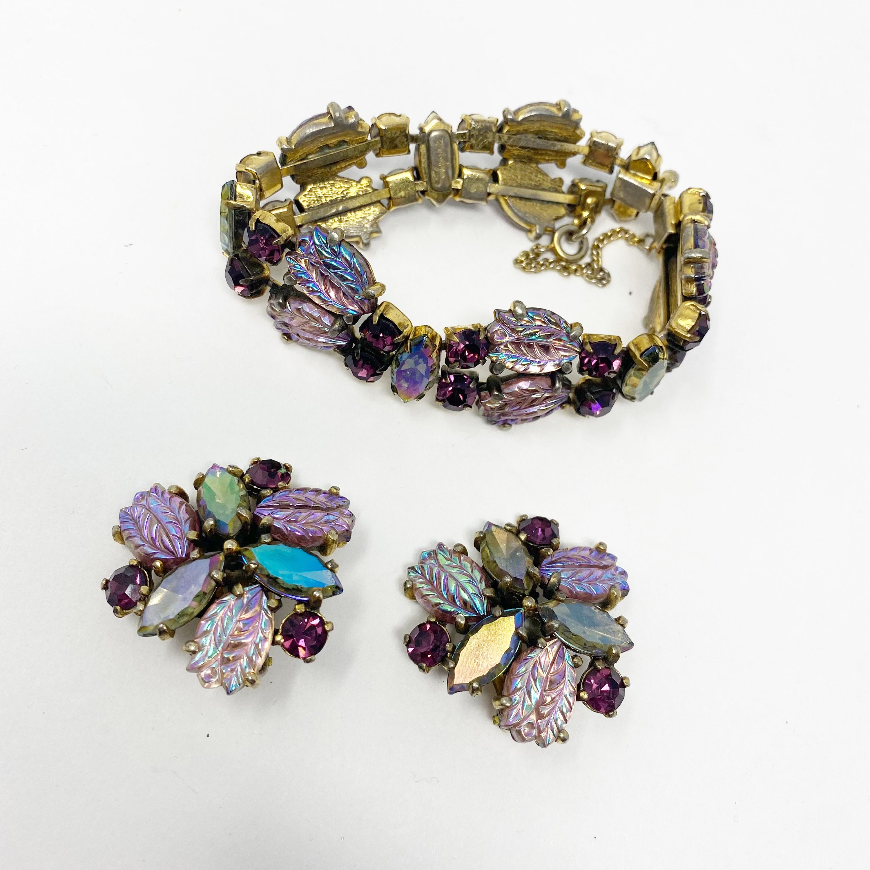 486 Vintage Schiaparelli Purple Iridescent Bracelet and Clip