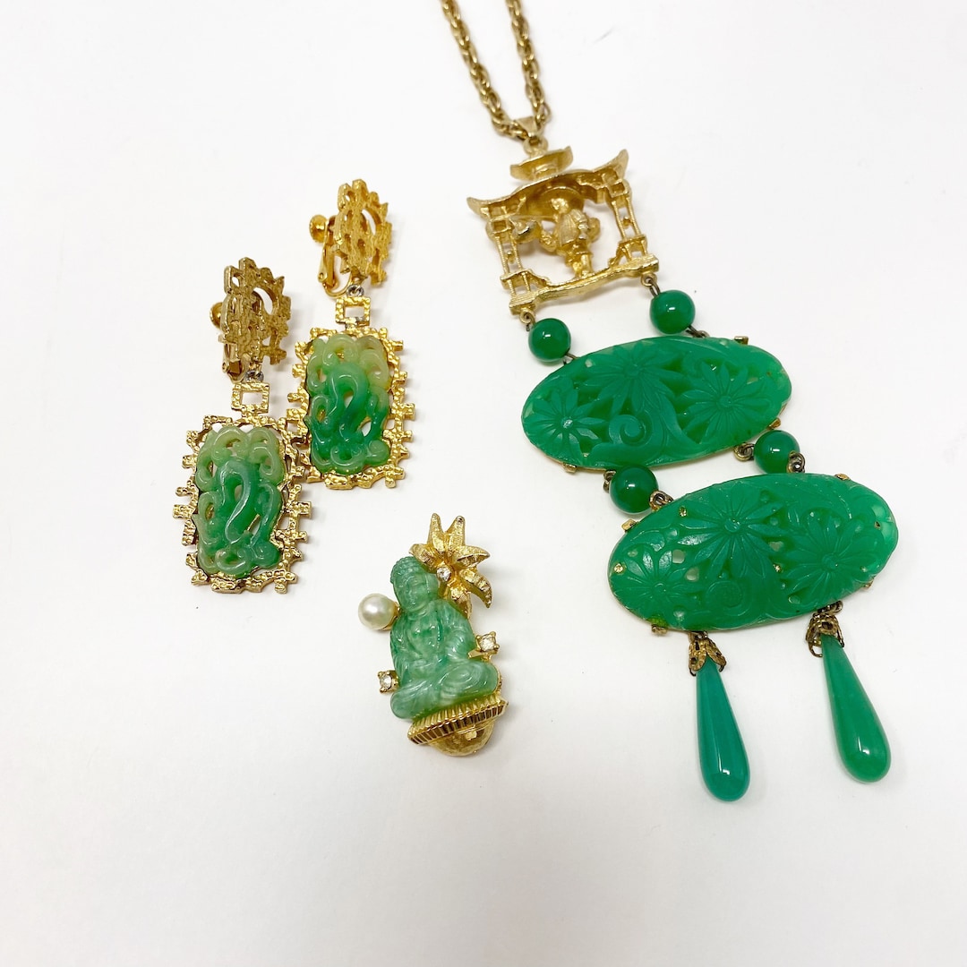 722 Vintage Costume Jewelry Collection Jade Brooch Necklace Etsy