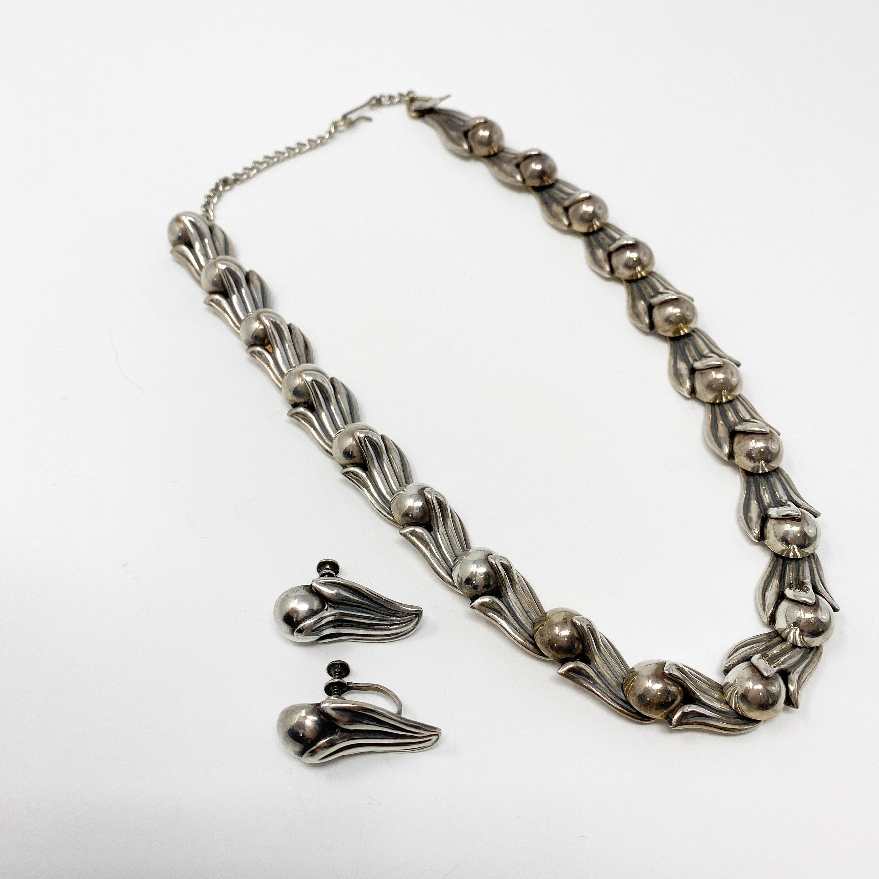 61 Vintage Los Castillo #468 Silver Necklace and Earrings; 1940s