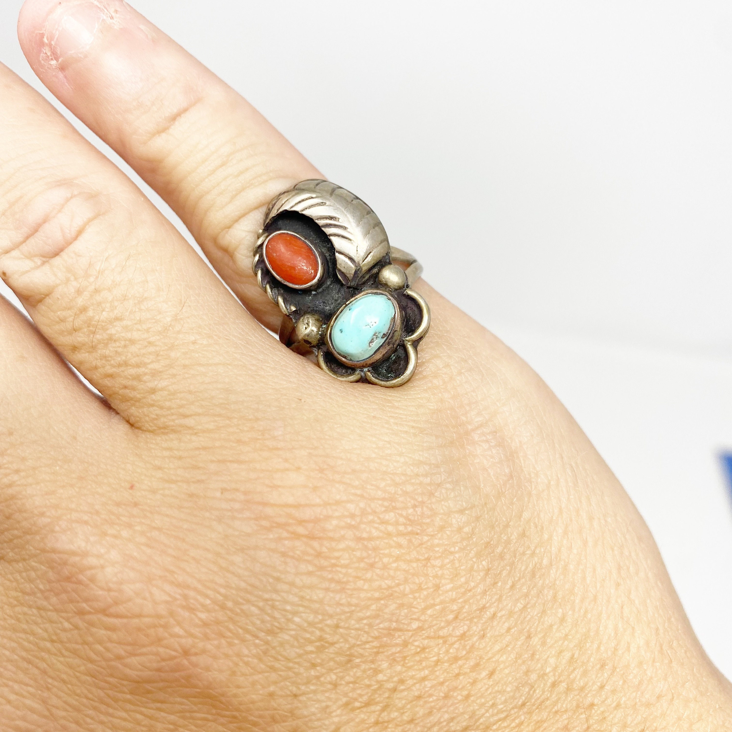 414 Vintage Navajo Sterling Silver Turquoise and Red Coral Ring, Size 6 ...